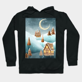 Gingerbread houses and trees on snow landscape. Winter candy world watercolor illustration. Sweets world fantasy decorations Hoodie